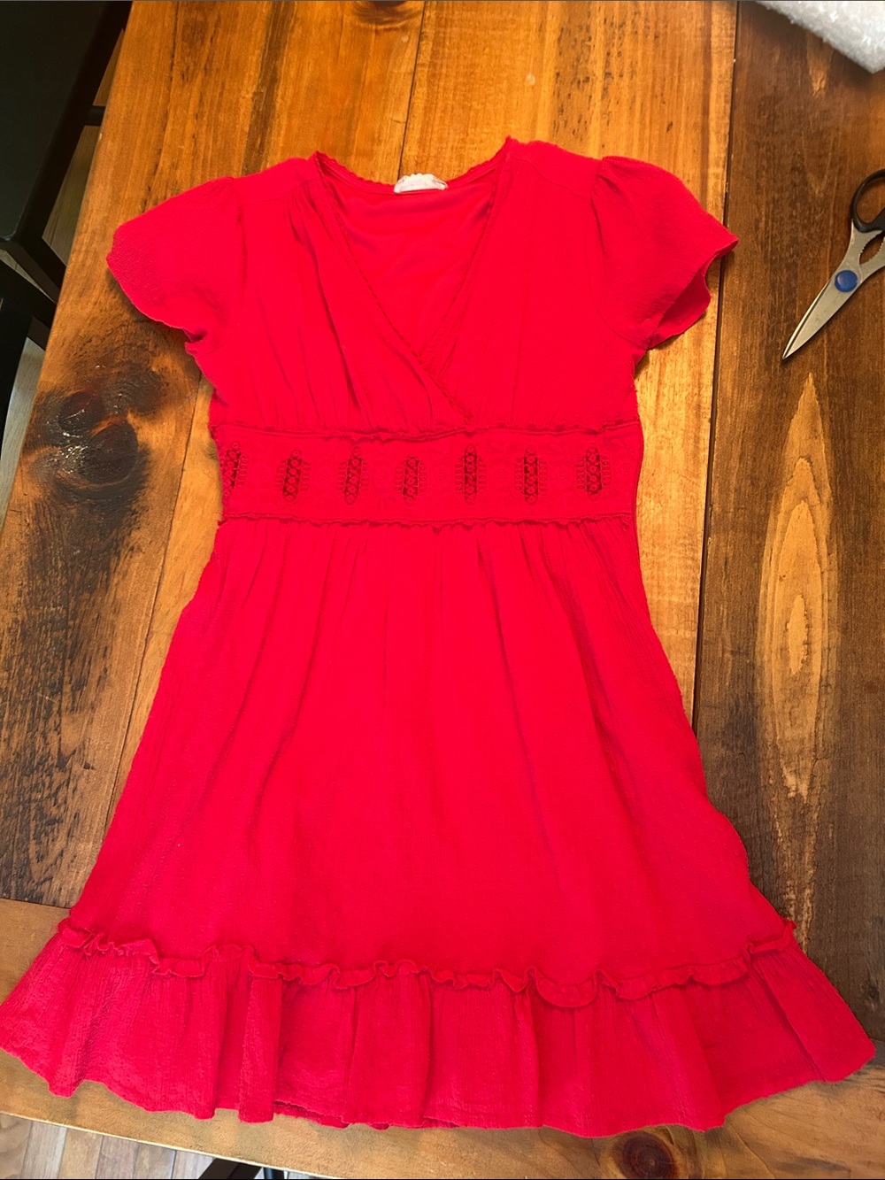 Altar'd State Bright Red Short Sleeve Empire Dress with Embroidery